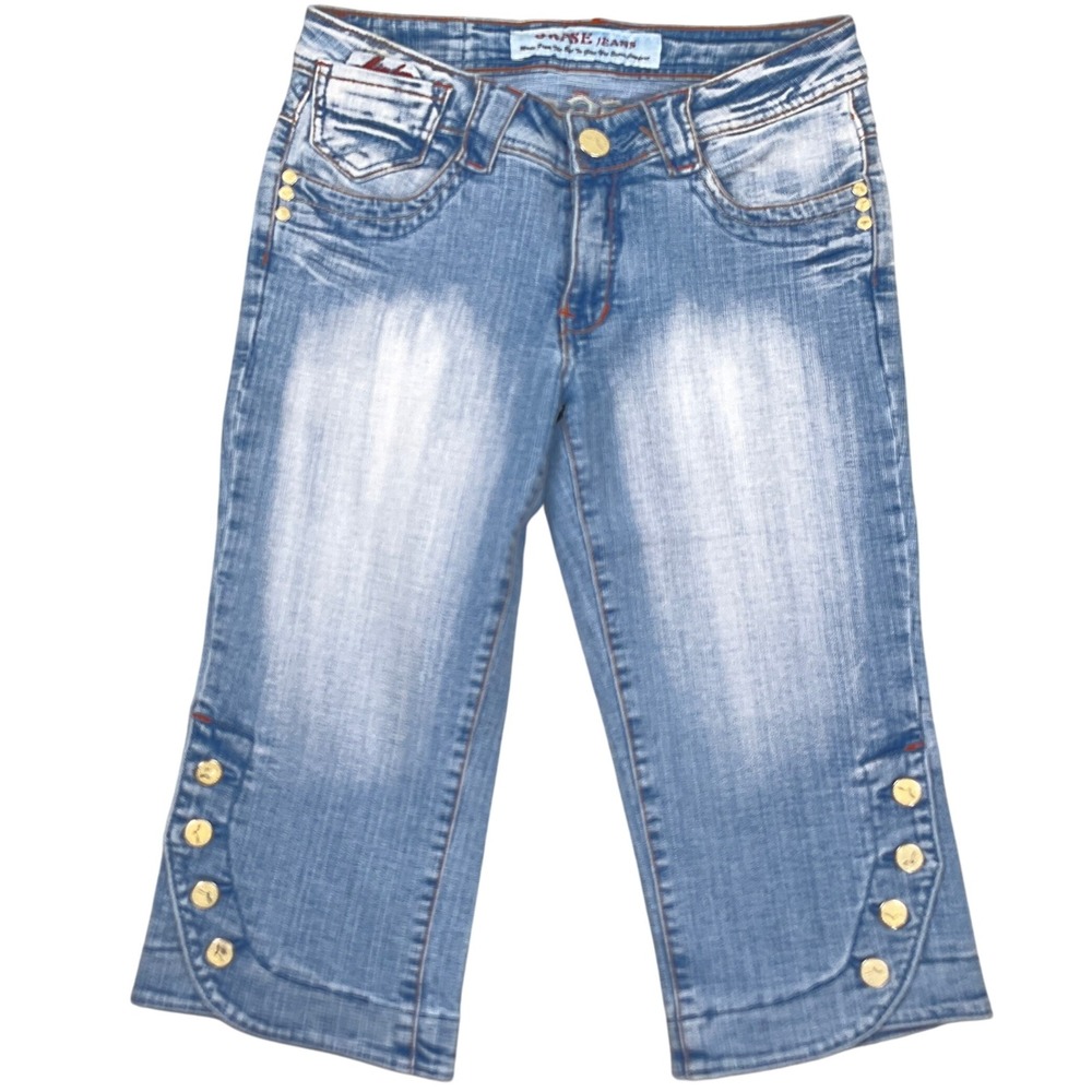 Grase Jeans Capris Women 38‎ Light Blue Fade Logo Button Hems Denim Crop Beach